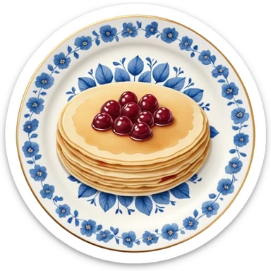 scandinavian round crepes with jam on white porcelain plate with blue floral vintage design sticker