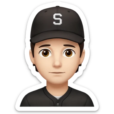 male, dark brown hair, dark brown eyes, fair skin, black baseball hat, no smile sticker