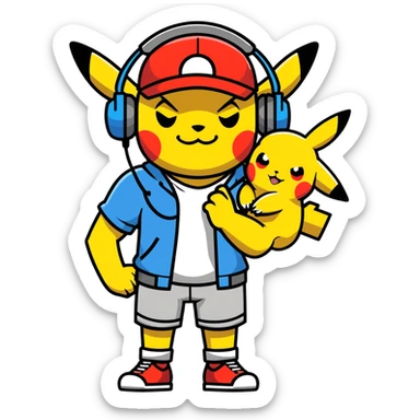 Hot handsomeb muscular 6ft tall smiling happy clean shaven ash ketchum being a  dj and his music rocks while kissing pikachu in his ball sticker