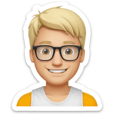 portrait of man, wearing a tank top, square glasses, grinning face, blond hair sticker