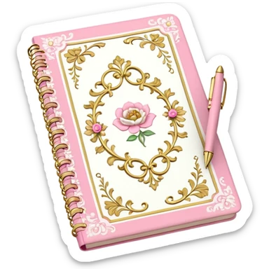Notebook rococo style, gold and pink and white. angled view. with pen sticker