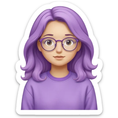 Chica de pelo largo y ondulado, con gafas redondas y expresión suave; viste una sudadera lila y transmite un estilo tranquilo y relajado. sticker