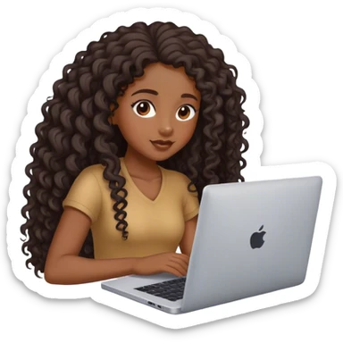 Black girl pretty with long curly hair trying to work on laptop  sticker