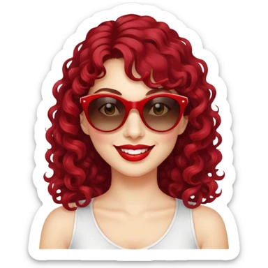 nữ 35 tuổi, da trắng,mặt to, môi đỏ thẫm, tóc dài xoăn, tóc mái 1/3, đeo kính đen, cười tươi sticker