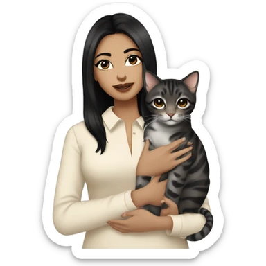 Girl with black eyes and black hair, shoulder length straight black hair, wears a beige blouse outfit, kissing a silver bengal cat  sticker