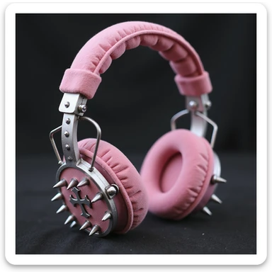 realistic pink gothic headphones with velvet ear cups, silver spikes, and subtle cross motifs, photorealistic style sticker