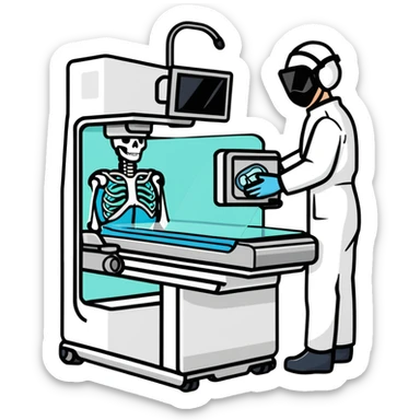 A friendly radiologist operating an X-ray machine, wearing protective gear sticker