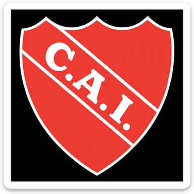 Change the letters 'C.A.I.' inside the white diagonal band to white, keeping the black dots between the letters. Maintain the classic soccer shield style with a three-pointed top, rounded base, white outline, and intense red background. The letters should remain bold, simple, and legible, centered in the band, with no background added. sticker
