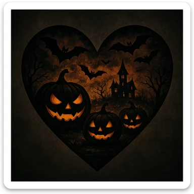 heart with Halloween theme, spooky, pumpkins, bats, dark colors sticker