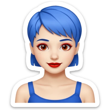 young fashionable woman, short blue hair, crop top, bold lipstick, playful smile sticker