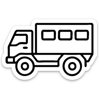 minimalist geometric icon of European expedition truck, no text sticker