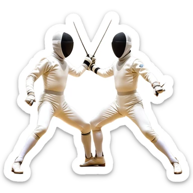 Two fencers in symmetrical stances, with crossed épées in front of them. Their forms are elegant and precise, showcasing the balance and strategy of fencing. The background features a blurred fencing piste, with subtle motion lines to emphasize the elegance and speed of the sport. sticker