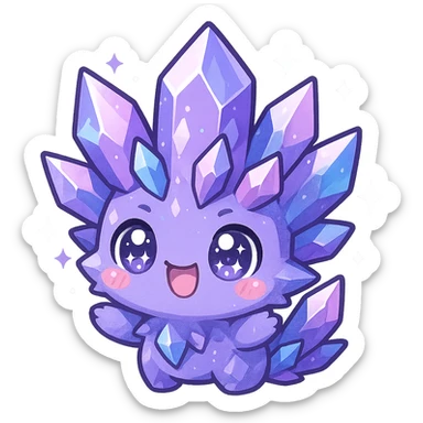 kawaii chibi style crystal sprite creature, purple, blue, and pink colors, excited expression, sparkling eyes sticker