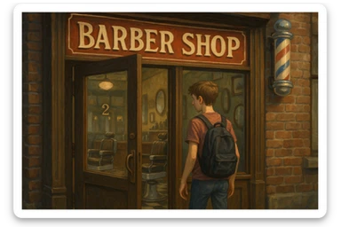 Sartaroshxonaga kirib kelayotgan! O'smirin bola sartaroshxona yangi ham eski ham e,as sticker