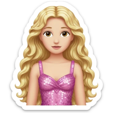 Aphrodite from Greek Mythology with long blonde wavy hair, pink sequin dress sticker