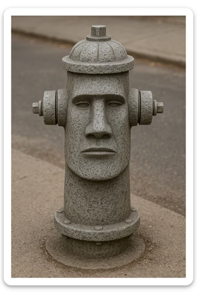A fire hydrant shaped like the Moyai statue, featuring a stone texture, with the hydrant's nozzles forming the statue's ears, and a neutral expression. sticker