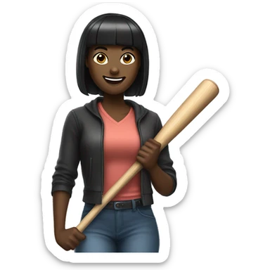 Woman with full bangs, smiling, black hair, holding a baseball bat sticker