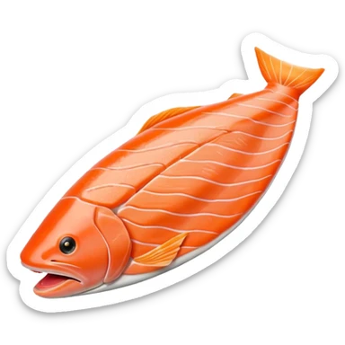 raw salmon fillet, boneless, orange-pink, muscle lines, tapered, curved, moist smooth texture, fine fat layer, no skin, no lemon, no background, no faces, clean 3D, soft shadows, transparent background, emoji scale sticker