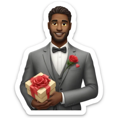 Hyper Realistic handsome man in suit holding roses and a heart shaped gift box sticker