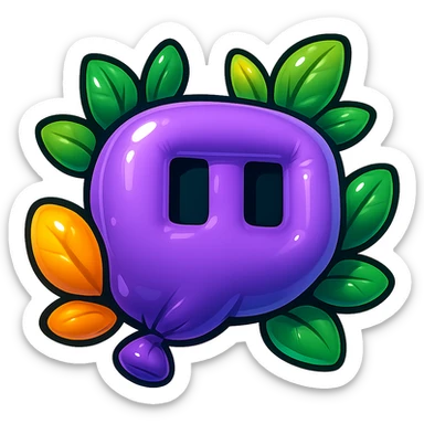 Super rounded, extra plump Twitch logo in cartoon style, very soft and puffy, with bold black outline, expressive shadows, glossy highlights, and bright leaves around the logo. No sharp corners, no background. Emphasize maximum roundness and puffiness, matching the previous reference style. sticker