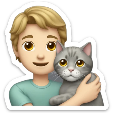 White brunette boy petting grey cat sticker