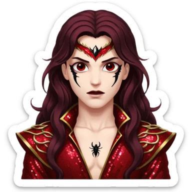 Samael, Venom of God from Gods and Goddesses with long dark brown hair, dark red sequin outfit sticker