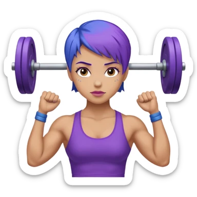weight lift woman short blue purple har muscles bar is not growing from head sticker