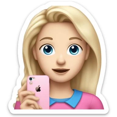 a blue eyed white dark blond hair girl wearing a pink shirt holding a pink iphone  sticker