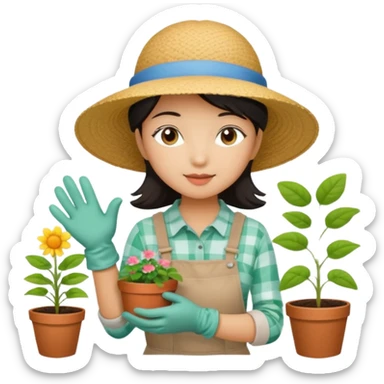 Asian girl planting in a garden sticker