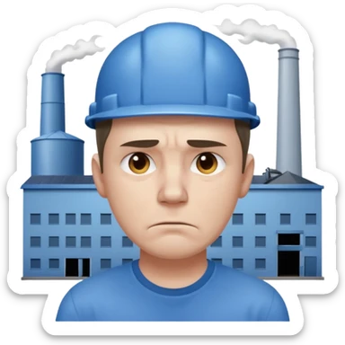 tired sad man with sweat on forehead, factory behind sticker