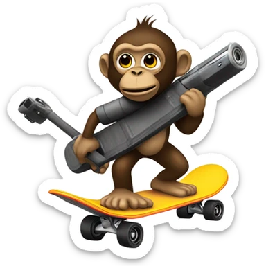 Create a Munky holding a gun riding a skateboard  sticker