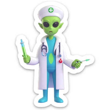 cartoon green alien as a doctor, holding a syringe, medical attire sticker
