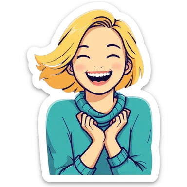 A blonde girl putting her hands around her neck laughing sticker