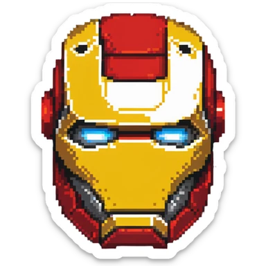 Iron Man face helmet in pixel art style, red and gold superhero mask sticker