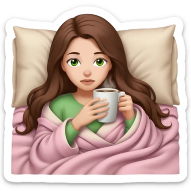 woman with very long brown hair and green eyes in a light pink blanket sleepy with coffee sticker