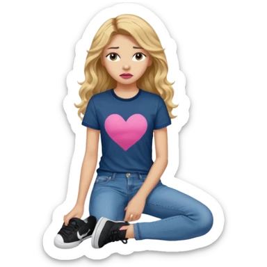 > 14-year-old girl, 161cm, slender, long wavy golden hair, tan skin, full pink lips, long lashes, thick eyebrows, dark blue t-shirt, faded jeans, black sneakers, quiet sadness in her expression, soft moody lighting, ultra-realistic portrait. sticker