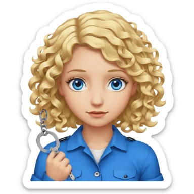 A girl with blond hair that curls at the end shoulder length and blue eyes who is breaking handcuffs sticker