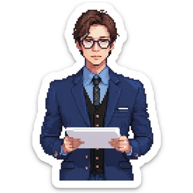 Flat pixel art, focused and reserved male architect, American, Caucasian features, short sleek brown hair, wearing glasses, intense sharp eyes, wearing a deep indigo suit jacket over a black shirt, holding a blue print, waist-up, front-facing sticker