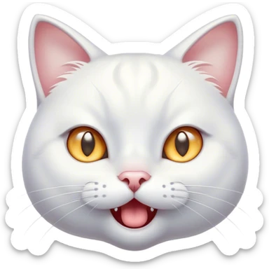 Cinematic Comical White Cat Portrait Emoji, Head tilted in an exaggerated, surprised manner with wide, sparkling eyes, showcasing a pristine white fur with subtle hints of silver and an animated, goofy expression, simplified yet whimsically detailed, glowing with a playful, bright radiance, high shine, exuding a lighthearted and comical charm, styled with a soft glowing outline, capturing the essence of a white cat that looks ready to prance comically off the screen! sticker