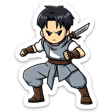 Levi Ackerman from Attack on Titan in battle stance with ODM gear, black undercut hair, serious expression sticker