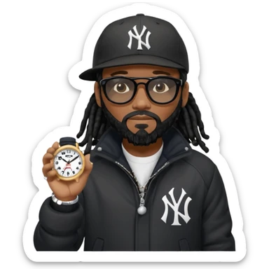 African American man with shoulder length black dreadlocks with black beard wearing black sunglasses wearing a black bubble winter coat and a New York Yankees logo baseball cap looking at watch sticker