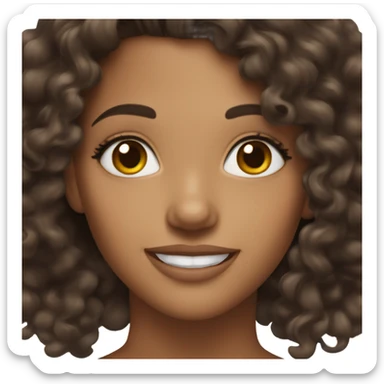 A brunette hot woman with brown eyes, makeup, smiling, a little curly and happy sticker