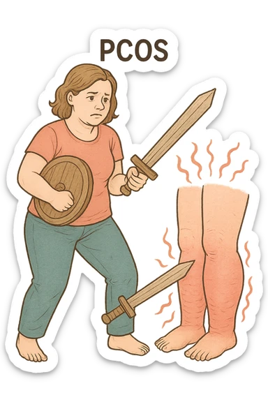 vertical format medical illustration of a woman with PCOS fighting her swollen legs, clear and expressive, focus on medical educational style, no background sticker