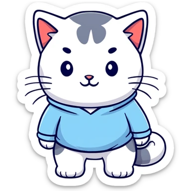 black and white cat wearing light blue sweatshirt sticker