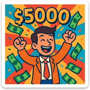 a man celebrating with money flying around him, symbolizing making $5000, vibrant colorful style sticker