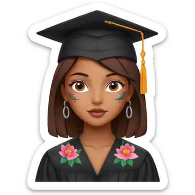 nude and sexy brown skin girl, floral colorful tattoes, in student cap, graduating sticker