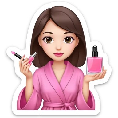 girly girl in pink robe holding perfume and makeup, cute sticker