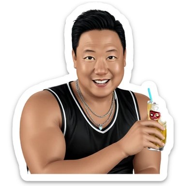 smiling boy with drink and necklace sticker