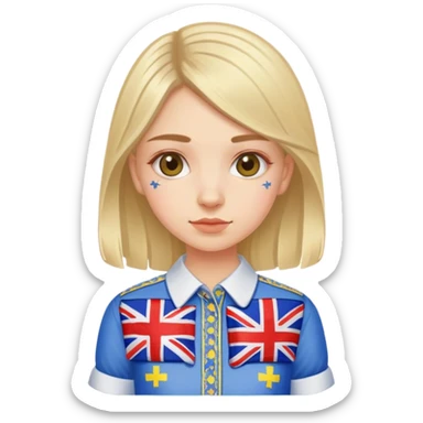 A Ukrainian girl wearing an embroidered shirt holds a British flag sticker