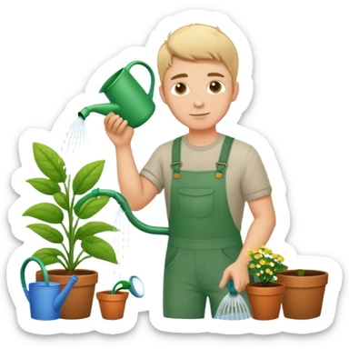 hardworking young white male gardener watering plants sticker